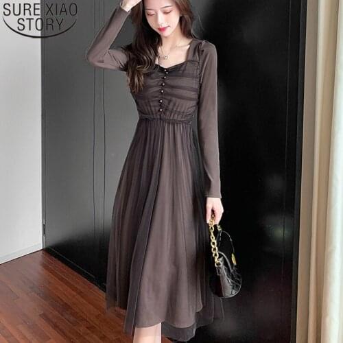 French Chic Fairy Mesh Dresses Office Lady Square Collar Pearl High Waist Dress for Women Long Sleeve Vestidos Feminino 12442