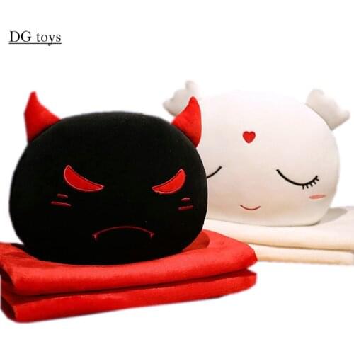 2 in 1 Devil Horns Plush Pillow With Fleece Blanket Winter Hand warmer Cushion White Angel Throw Pillow for Kids Boy Girl Xmas