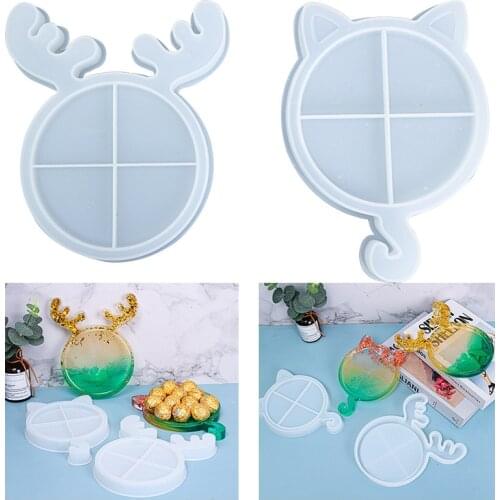 DIY Crystal Mirror Silicone Mold Christmas Antlers Cat Tray Mold Round Dish Coasters Mould Table Holder Storage Molds For Resin