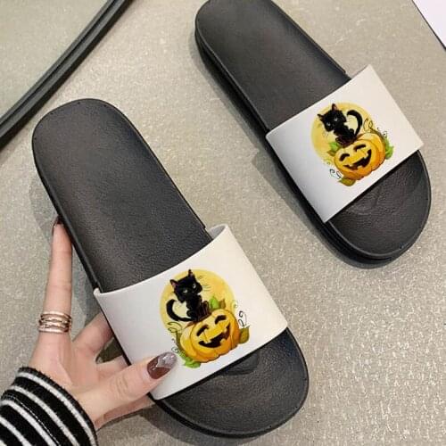 Halloween Pumpkin black Cat Cartoon Printing Lady Slippers Sandals Leisure Harajuku Shoes Summer slipper for woman