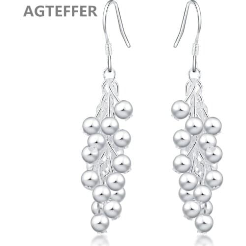 AGTEFFER 925 Sterling Silver Smooth Grape Bead Earrings Fashion Woman Charm Earrings Wedding Jewelry Gifts