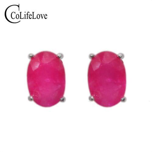100% natural ruby silver earrings 4 mm * 6 mm ruby stud earring simple 925 silver ruby earrings classic ruby jewelry for wedding