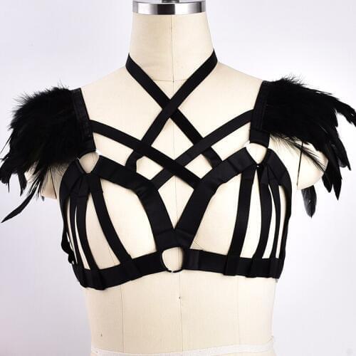 Rave Wear Feathers Harness Epaulette Cage Bra Womens Feathers Gothic Body Harness Belt Sexy Fetish Angel Wings Bondage Lingerie