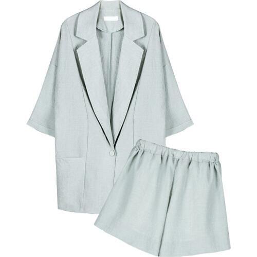 New Summer Two Piece Big Size Women Linen Blazer + Shorts Formal Suits Loose Lady Midi Long Blazers Thin Sun Protection Coat 385