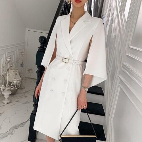 Spring Elegant Windbreaker Womens White Maxi Dress Korean Clothing Femme Robe Slim Suit Collar Double-Breasted Coat With Belt