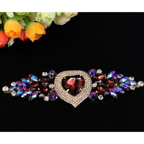 1 pcs 17x5CM Heart Shape Sewing On Rhinestones applique for Wedding Evening Dress Gold Crystal DIY Sewing decoration Crafts