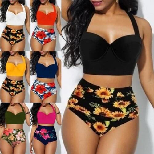 Bandages Swimsuit Feminine Sunflower Print Bikini 2 Piece Swimwear Swimming Suit for Women High Waist Bikini Set Bathing Suit