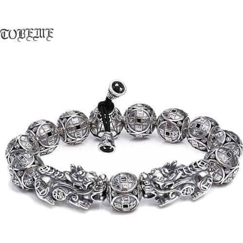 Handcrafted 999 Silver Fengshui Pixiu Bracelet Good Luck Symbol Beads Bracelet Man Bracelet