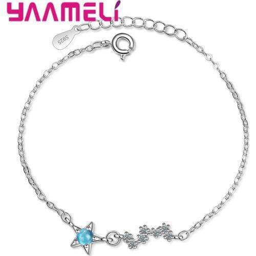 925 Silver Bracelet Women Round Blue Beads Opal Stone Bangles Female Fine Sterling Silver Jewelry Fashion Trendy Jewellery