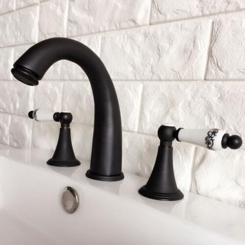 Black Oil Rubbed Bronze Double Handles 3 Holes Install Widespread Deck Mounted Bathroom Sink Basin Faucet Sink Mixer Tap mhg059