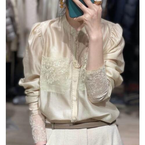 European Station 2021 Early Spring New Retro Gentle Fashion Stand Collar Embroidery Court Style Sleeve Shirt Top for Women