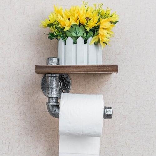 Urban Industrial Wall Mount Wood Storage Shelf Iron Pipe Toilet Paper Holder Roller Restaurant Restroom Bathroom Decoration