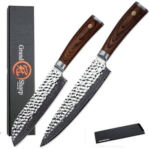 GRANDSHARP 2Pcs Damascus Kitchen Knives Chef Santoku Knife Set vg10 Japanese Damascus Stainless Steel Professional Kitchen Tool