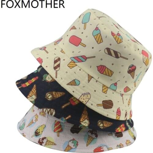 FOXMOTHER New Fashion Cute Spring Summer Black White Ice Cream Popsicle Printed Buckethat Sun Fishing Caps Gorras