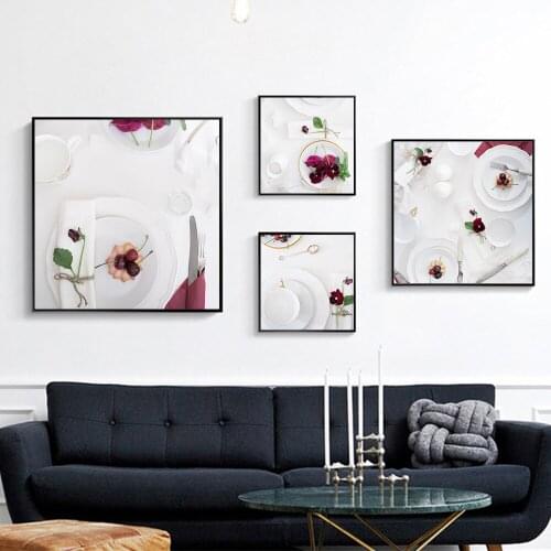Nordic Style Kitchen Ware Wall Art Canvas Painting Posters Prints Still Life Plate Flower Picture for Living Room Home Decor
