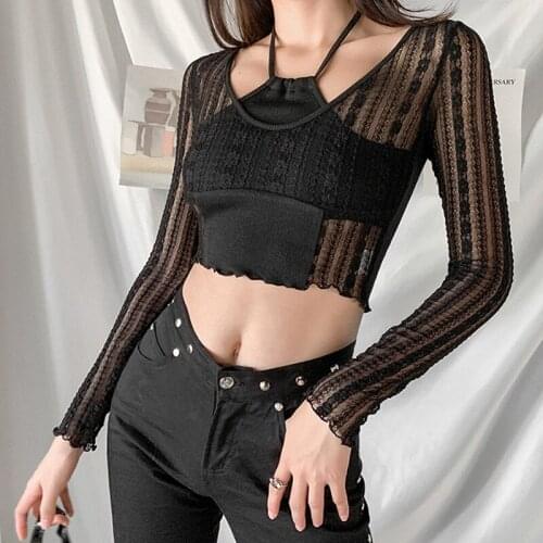 Hot kf-Womens Halter Slim Mesh Stitching Fashion Street Long Sleeve T-Shirt Black