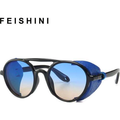 FEISHINI Cool Fashion SteamPunk Style Round Sunglasses Women Leather Side Shield Brand Design Sun Glasses Men Goggle