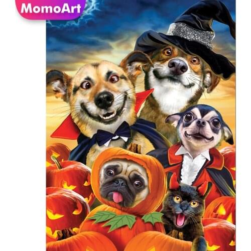 MomoArt Diamond Painting Pumpkin Picture Diamond Embroidery Halloween Cross Stitch Mosaic Dog Full Drill Square Home Decoration
