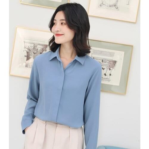 2021 New Youth Simple Style Womens Casual Chiffon Shirt and Tops Solid Colors Fine Woman Long Sleeve Blouse,Lady Office Shirts