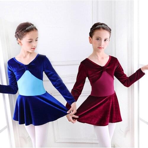 2021 New Girls Ballet Dress Korean Fashion Bowknot Long Sleeve Solid Color Gymnastics Dancewear Kids Ballerina Soft Clothes