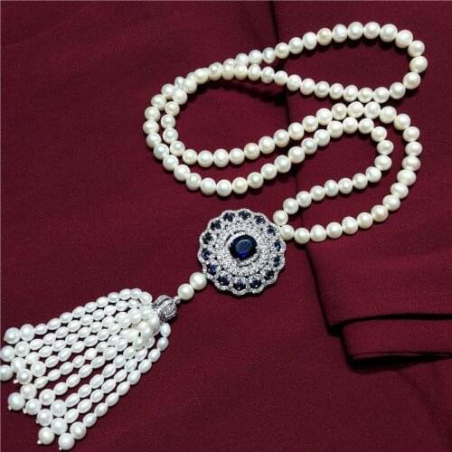 Natural 8-9mm freshwater pearl near round necklace 70cm micro inlay necklace sweater chain tassel chain