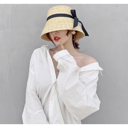 French retro wheat straw bucket hat female summer wild shade sunscreen beach straw hat foreign trade original single small fresh