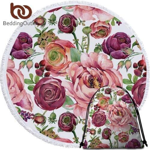 BeddingOutlet Flowers Beach Towel With Drawstring Bag Pink Floral Bath Towel Girls Picnic Mat Plant Leaf Beach Blanket Love Gift