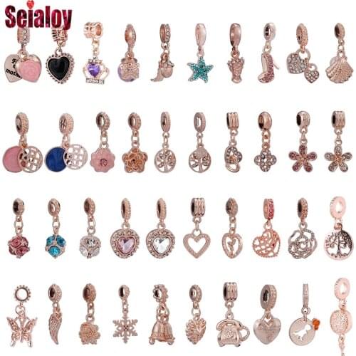 Seialoy Rose Gold Pendant Heart Charm Fit Bracelets Rhinestone Crown Butterfly Dangle Beads Bangles Fashion Accessories Beaded