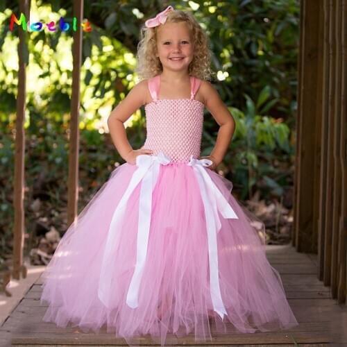 Pink Princess Party Dresses For Flower Girls Wedding Tutu Dresses With Ribbon Bow Kids Summer Children Birthday Party Dresses