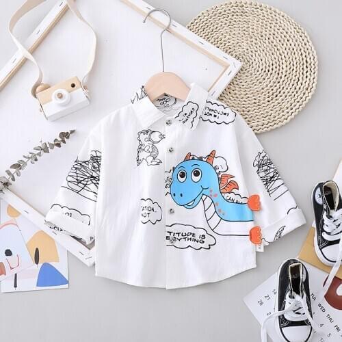 Baby Boy Spring Autumn Casual Cotton Shirt Kids Girl Button Turn-Down Collar Shirts Children Cute Dinosaur Cartoons Blouse Tops