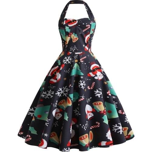 Halter Santa Christmas Vintage Swing Flare Dress Retro 50s Xmas Rockabilly