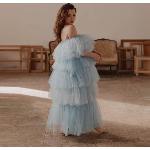 Light Blue Long Tulle Women Dresses Strapless Vestido De Mulher Tiered Tulle Elastic Spring Dresses Yong Girl Women Party Wear