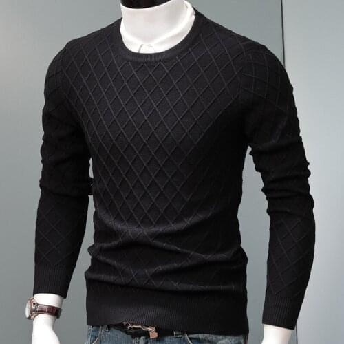 Autumn New Mens Plaid Sweaters Black Knitted Pullovers Men Solid Color Business Casual Slim Fit Male Sweater Knitwear