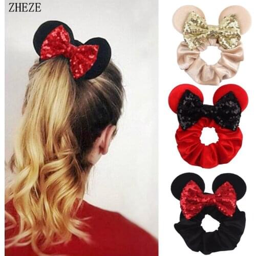 2021 New Arrival Pretty Mouse Ears Sequins Bow Women Velvet Scrunchies Fashion Waist Hair Bands Headband For Girl Headwear
