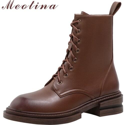 Meotina Women Shoes Genuine Leather Ankle Boots Thick Med Heel Motorcycle Boots Round Toe Zipper Lady Boots Brown Autumn Winter