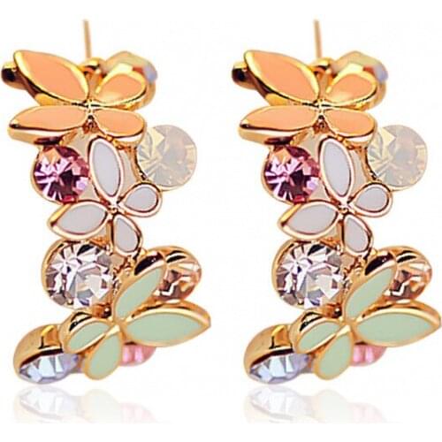 Women Fashion Butterfly Flower Earring Elegant Rhinestone Colorful Flower Ear Stud Earrings Charming Lady Jewelry Accessories