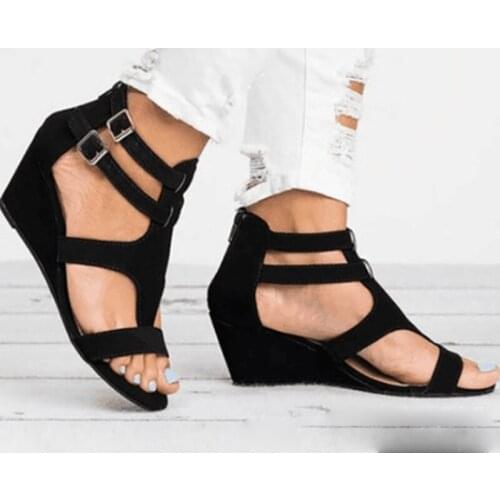 Women Casual Soft Wedges Sandals Comfortable Low Heel Sandals Ladies Buckle Strap Outside Shoes Sexy Fish Mouth Shoes Plus Size