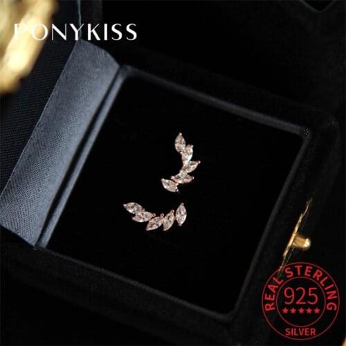PONYKISS Real 925 Sterling Silver Unique Feather Zircon 14K Gold Stud Earrings For Women Trendy Fine Jewlry Gift Drop Shipping