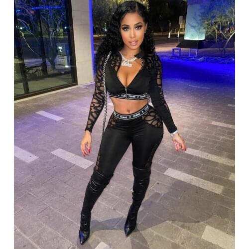 Women Mesh See Through Sexy Two Piece Set Long Sleeve Tops And Knee Length Pants Suit Bandage Bodycon Club Party Outfits
