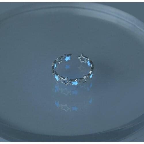 Retro Copper Luminous Blue Star Halloween Adjustable Ring Women Fashion Simple Hollow Out Metal Opening Ring Jewelry Wholesale