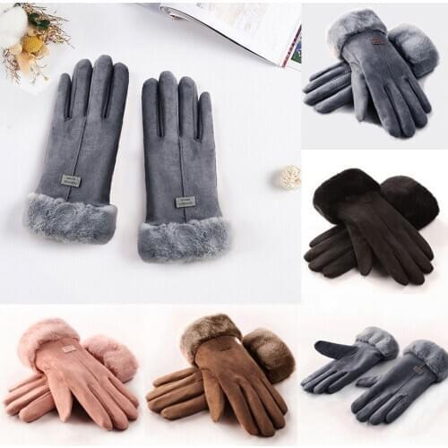 Winter Gloves For Women Touch Screen Lady Suede Warm Plush Inside Finger Gloves Female Winter Elegant Soft Black Mittens Gants