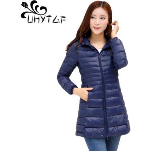 UHYTGF Winter Jacket Women Down Jacket Long Coat Slim Large size Hooded Jacket Student Kurtki Women Thin Warm Cotton Hat Outwear