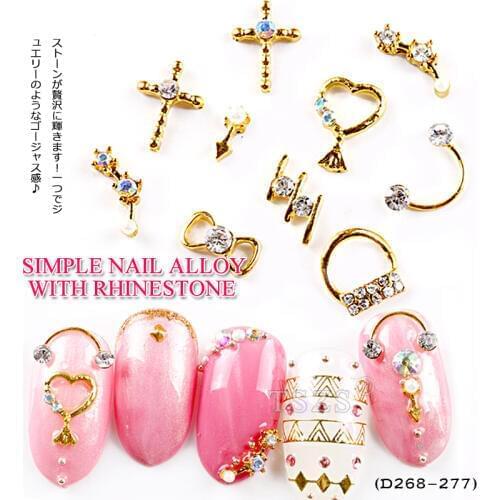 10pcs/lot Nail Rhinestone Alloy 3D Golden Cross Heart Bowknot Shaped Nail Art Tips Slice Deco