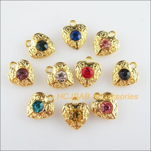20 New Heart Charms Gold Color Retro Flower Mixed Crystal Pendants 10x11.5mm