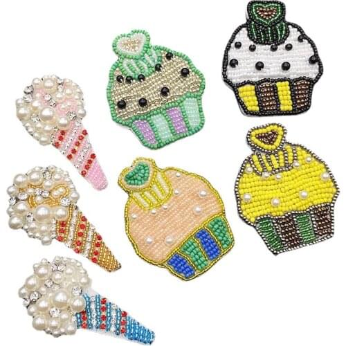 3d Handmade Rhinestone Beaded Patches Ice Cream Cake Sew on Crystal Patches for Clothing Stickers Beaded Applique Scrapbooking