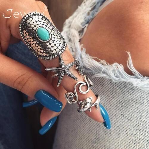 4 PCS/Set Bohemian Dolphin Wave Starfish Ring for Women Vintage Silver Color Stone Blue Crystal Rings Finger Jewelry 2020 New