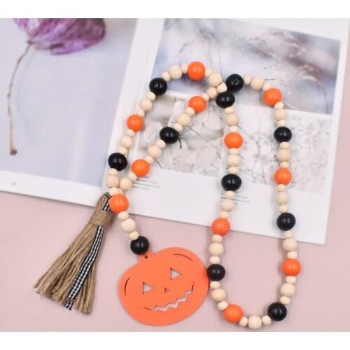 88pcs Wooden Beads Garland with Tassels, Geometric Wooden Craft Beads for Halloween Wall Hanging Decor