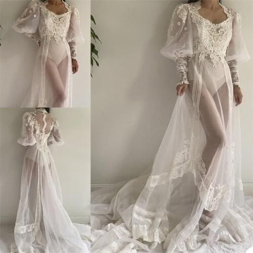 White Lace Sequined Tulle Long Sleeve Bridal Wrap Sexy Kimono Pregnant Party Sleepwear Women Bathrobe Sheer Nightgown Robe