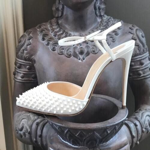 White Black Leather Rivets High Heel Shoes Ankle Strap Pointed Toe Spikes Party Shoes Stiletto Heels Studded Banquet Shoes