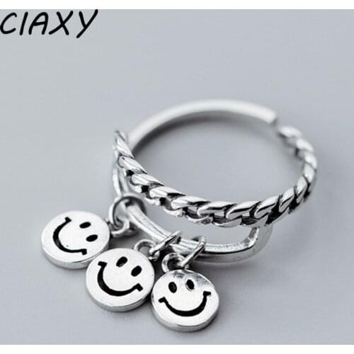 CIAXY 925 Sterling Silver Retro Tassel Smile Rings for Women Adjustable Thai Silver Irregular Chain Ring Party Gifts Jewelry